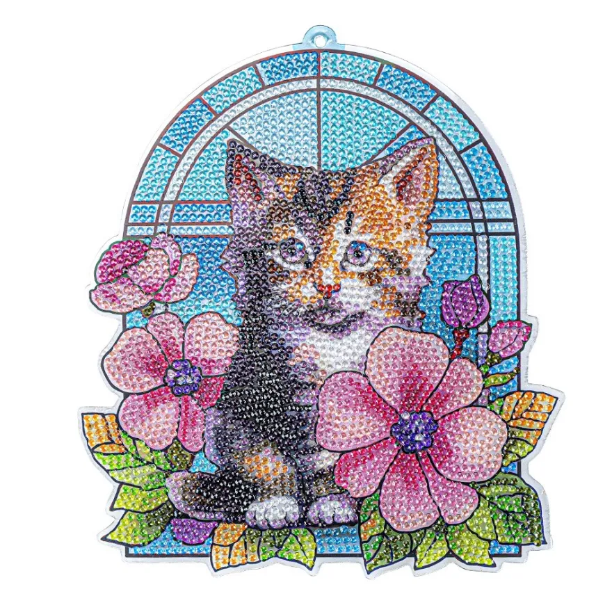 Diamond-Painting-Fensterbild, Glaskunst-Optik, Katze mit Blumen, 20cm x 17,7cm