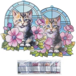 Diamond-Painting-Fensterbild, Glaskunst-Optik, Katze mit Blumen, 20cm x 17,7cm