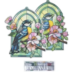 Diamond-Painting-Fensterbild, Glaskunst-Optik, Kohlmeise mit Blüten, 20,2cm x 17cm