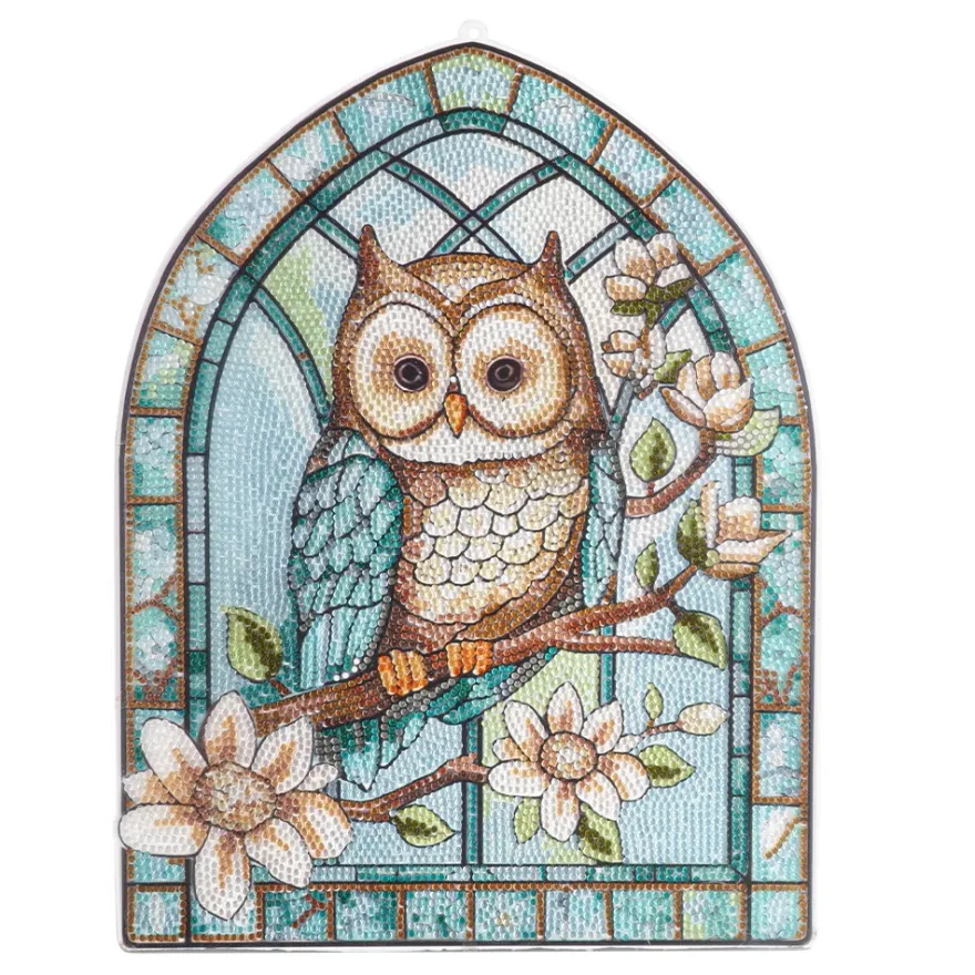 Diamond-Painting-Fensterbild, Glaskunst-Optik XL, Eule auf Ast, 26,4cm x 35,5cm, 500µ