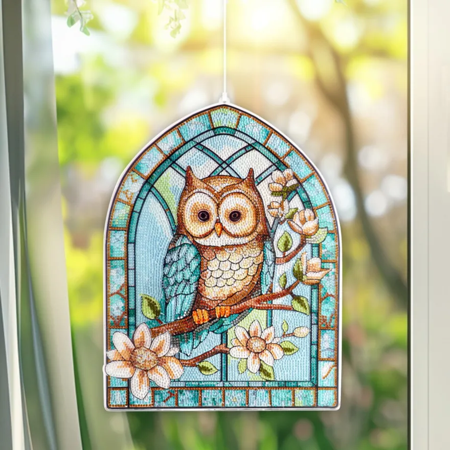 Diamond-Painting-Fensterbild, Glaskunst-Optik XL, Eule auf Ast, 26,4cm x 35,5cm, 500µ
