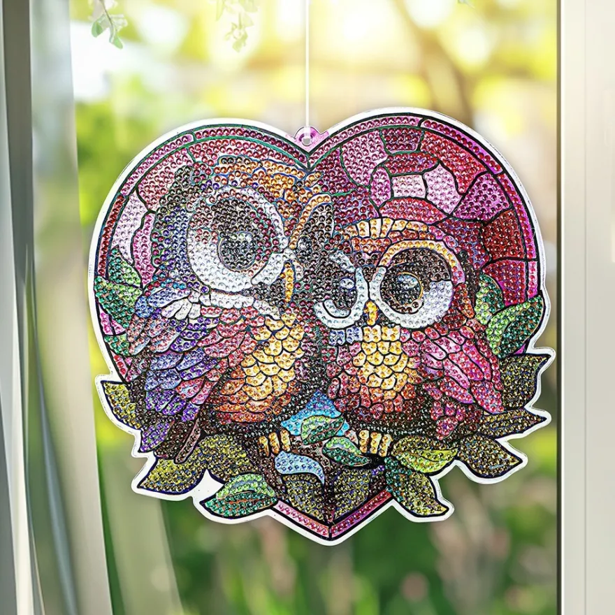 Diamond-Painting-Fensterbild, Glaskunst-Optik, Eulen, 18,2cm x 19,7cm