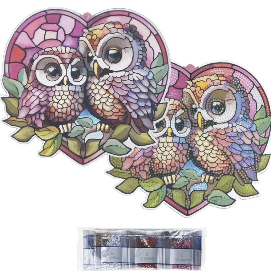 Diamond-Painting-Fensterbild, Glaskunst-Optik, Eulen, 18,2cm x 19,7cm
