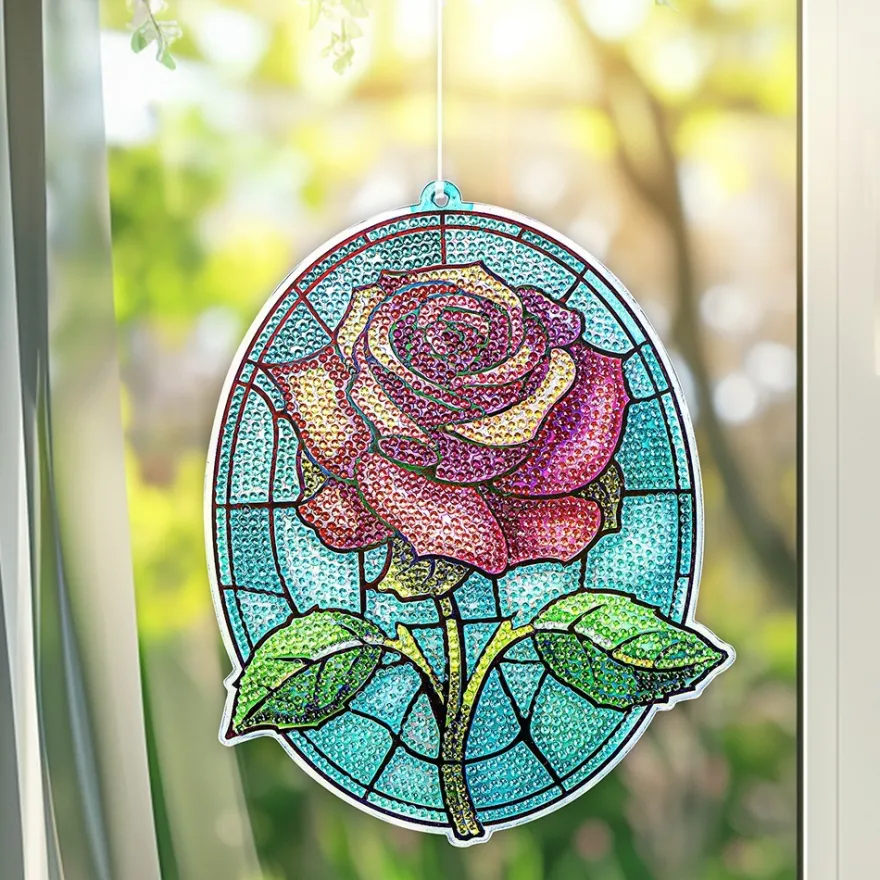 Diamond-Painting-Fensterbild, Glaskunst-Optik, Rose, 20cm x 15,8cm