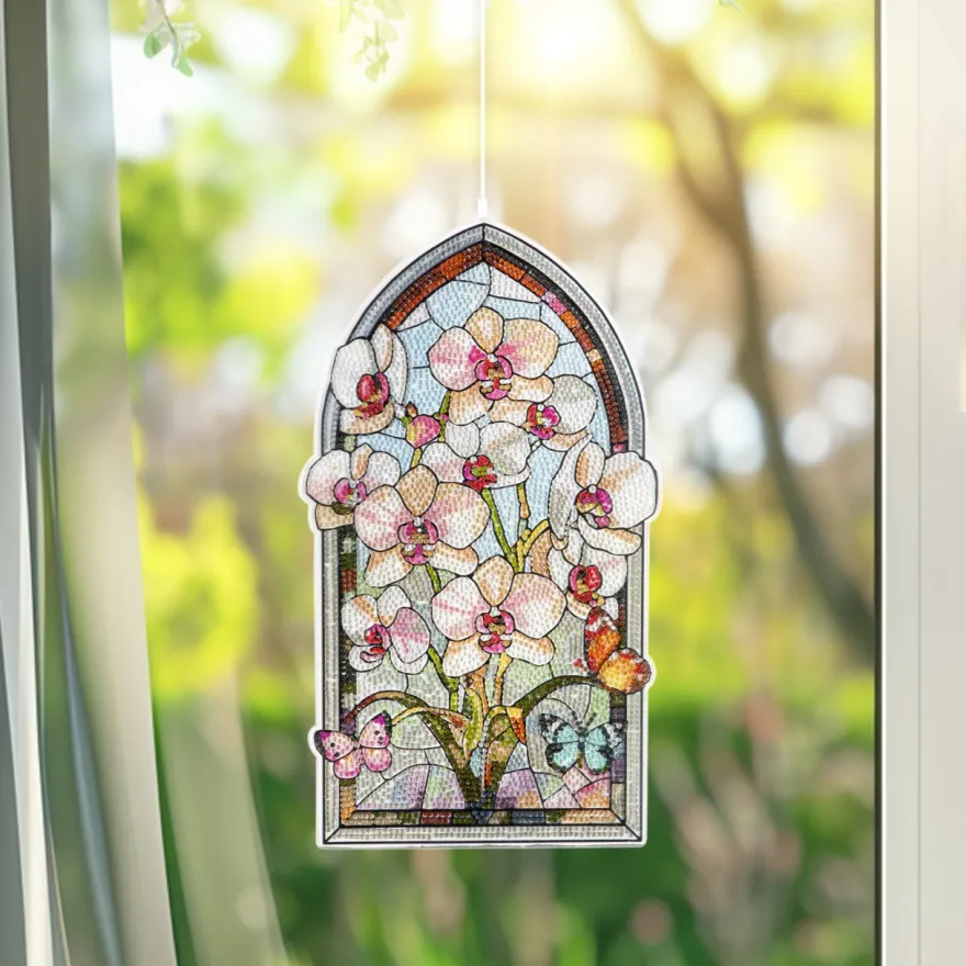 Diamond-Painting-Fensterbild, Glaskunst-Optik XL, Weiße Orchideen, 19,5cm x 35cm, 500µ