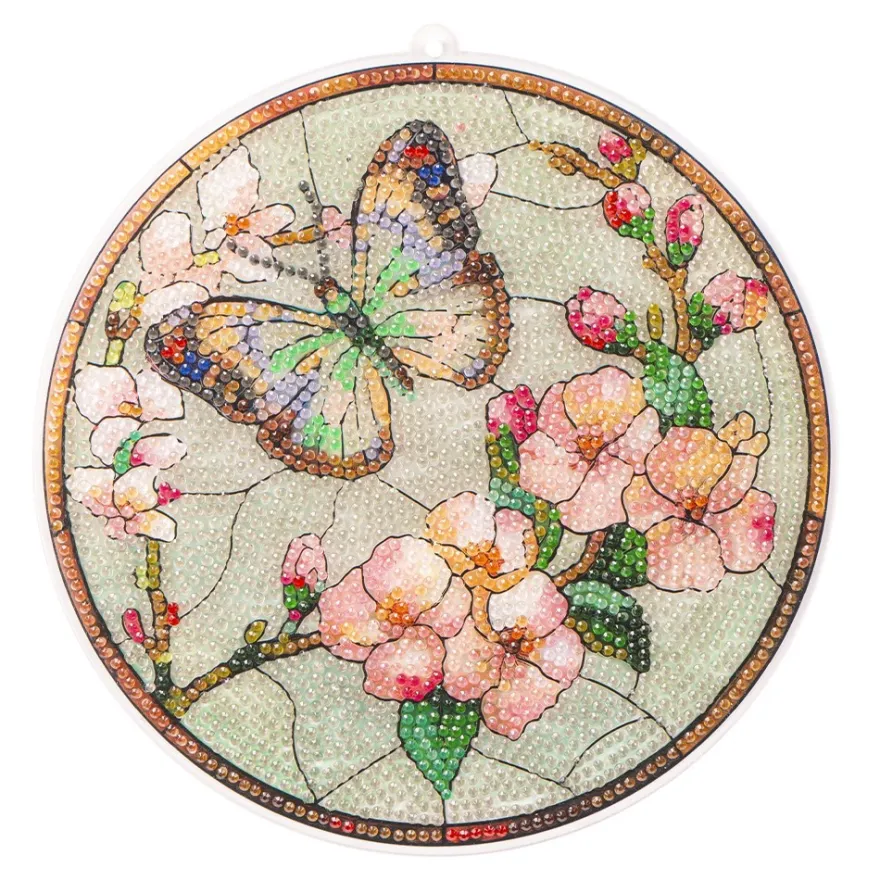 Diamond-Painting-Fensterbild, Glaskunst-Optik, Schmetterling mit Blüten 2, Ø 19,5cm