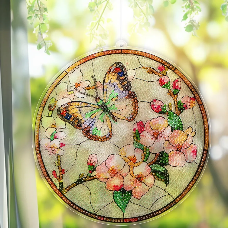 Diamond-Painting-Fensterbild, Glaskunst-Optik, Schmetterling mit Blüten 2, Ø 19,5cm