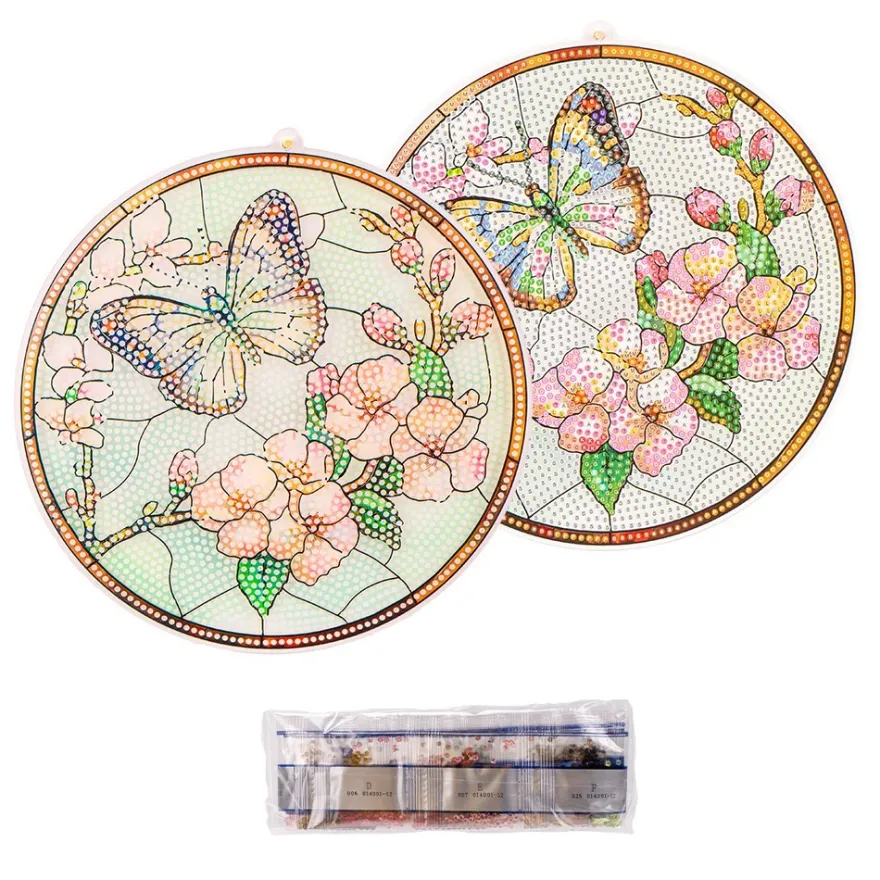 Diamond-Painting-Fensterbild, Glaskunst-Optik, Schmetterling mit Blüten 2, Ø 19,5cm