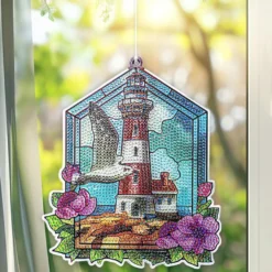 Diamond-Painting-Fensterbild, Glaskunst-Optik, Leuchtturm mit Möwe, 20cm x 17,1cm