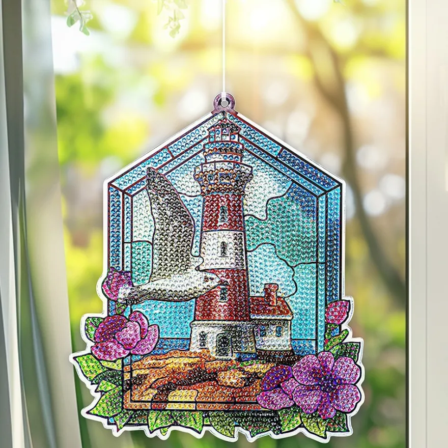 Diamond-Painting-Fensterbild, Glaskunst-Optik, Leuchtturm mit Möwe, 20cm x 17,1cm