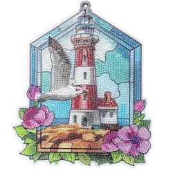 Diamond-Painting-Fensterbild, Glaskunst-Optik, Leuchtturm mit Möwe, 20cm x 17,1cm