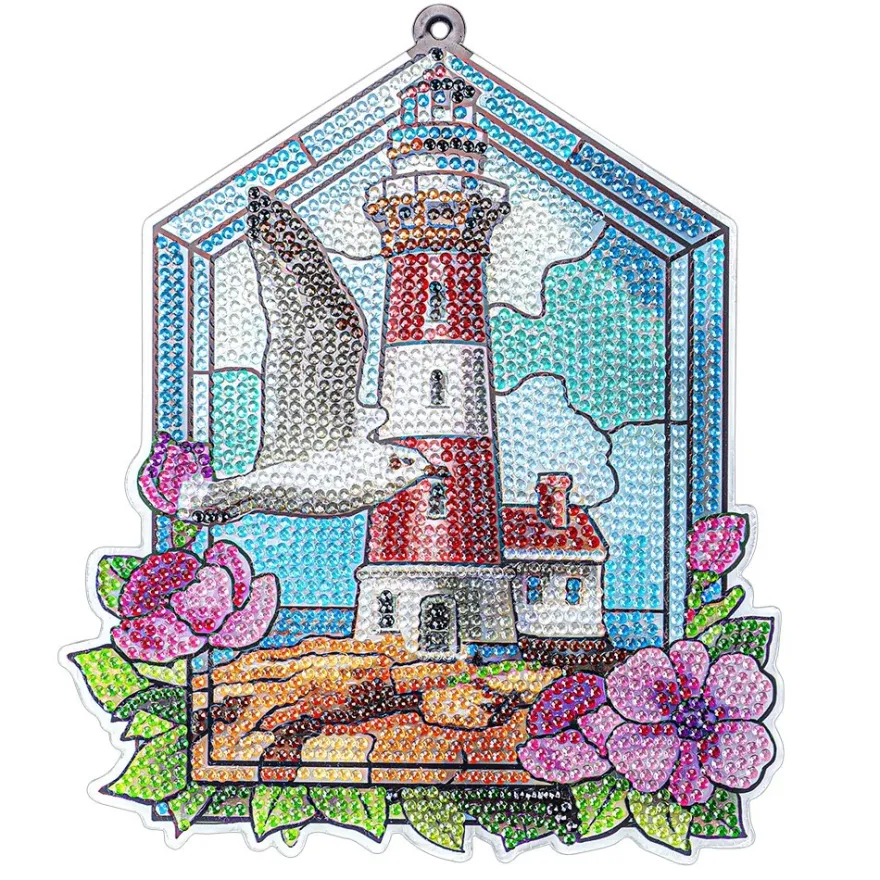 Diamond-Painting-Fensterbild, Glaskunst-Optik, Leuchtturm mit Möwe, 20cm x 17,1cm