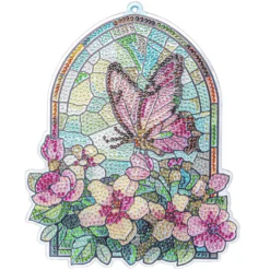 Diamond-Painting-Fensterbild, Glaskunst-Optik, Schmetterling mit Blüten, 20,1cm x 16,4cm