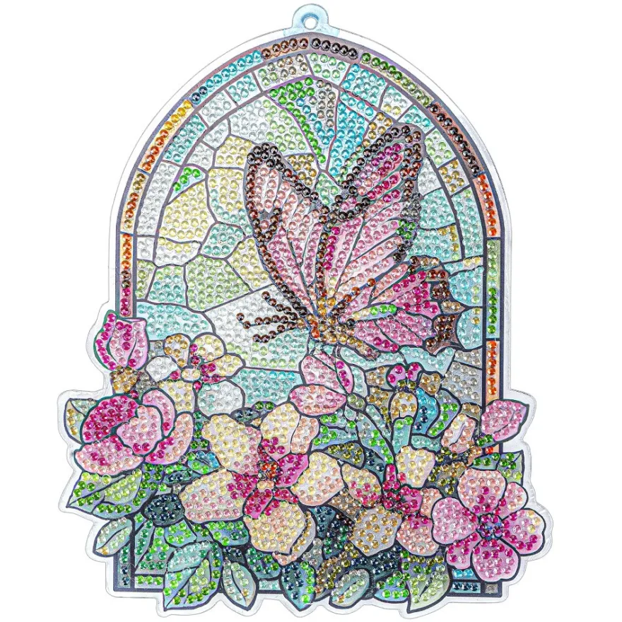 Diamond-Painting-Fensterbild, Glaskunst-Optik, Schmetterling mit Blüten, 20,1cm x 16,4cm