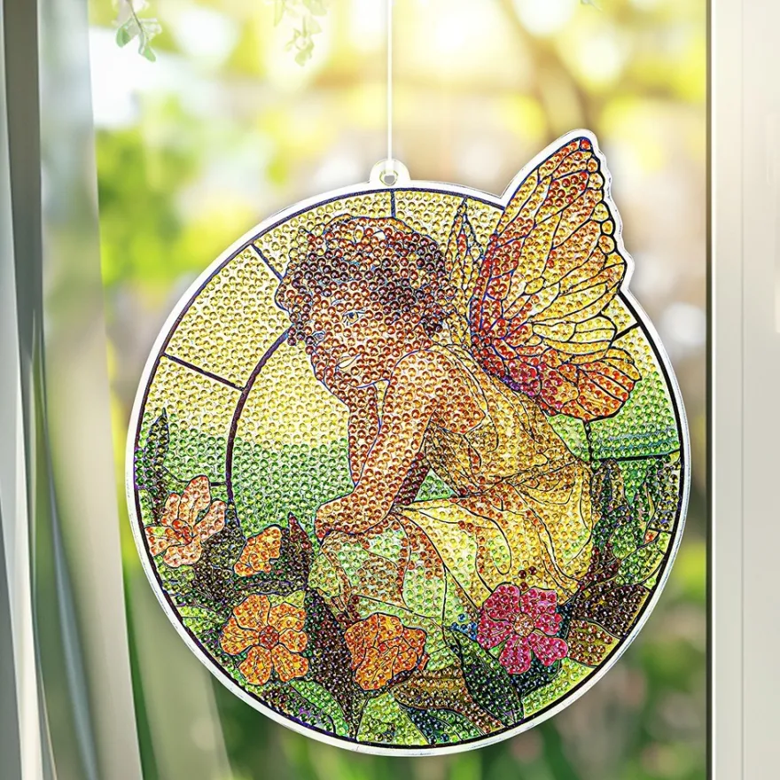 Diamond-Painting-Fensterbild, Glaskunst-Optik, Elfe, 19,6cm x 17,9cm