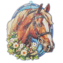 Diamond-Painting-Fensterbild, Glaskunst-Optik, Pferdekopf mit Blüten, 20,2cm x 17cm