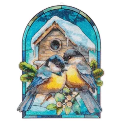 Diamond-Painting-Fensterbild, Glaskunst-Optik XL, Meisen am Vogelhaus, 27,3cm x 35,5cm, 500µ