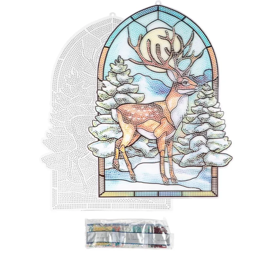 Diamond-Painting-Fensterbild, Glaskunst-Optik XL, Hirsch im Wald, 26,7cm x 35,5cm, 500µ