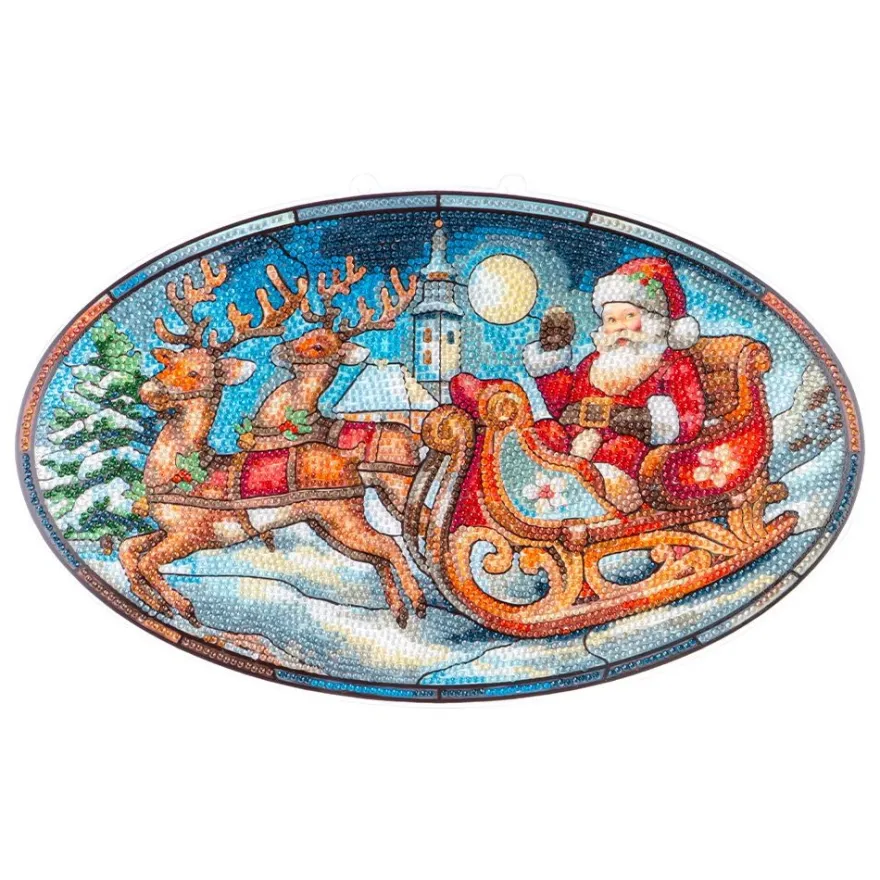 Diamond-Painting-Fensterbild, Glaskunst-Optik XL, Weihnachtsmann im Schlitten, 35,4cm x 22,4cm, 500µ