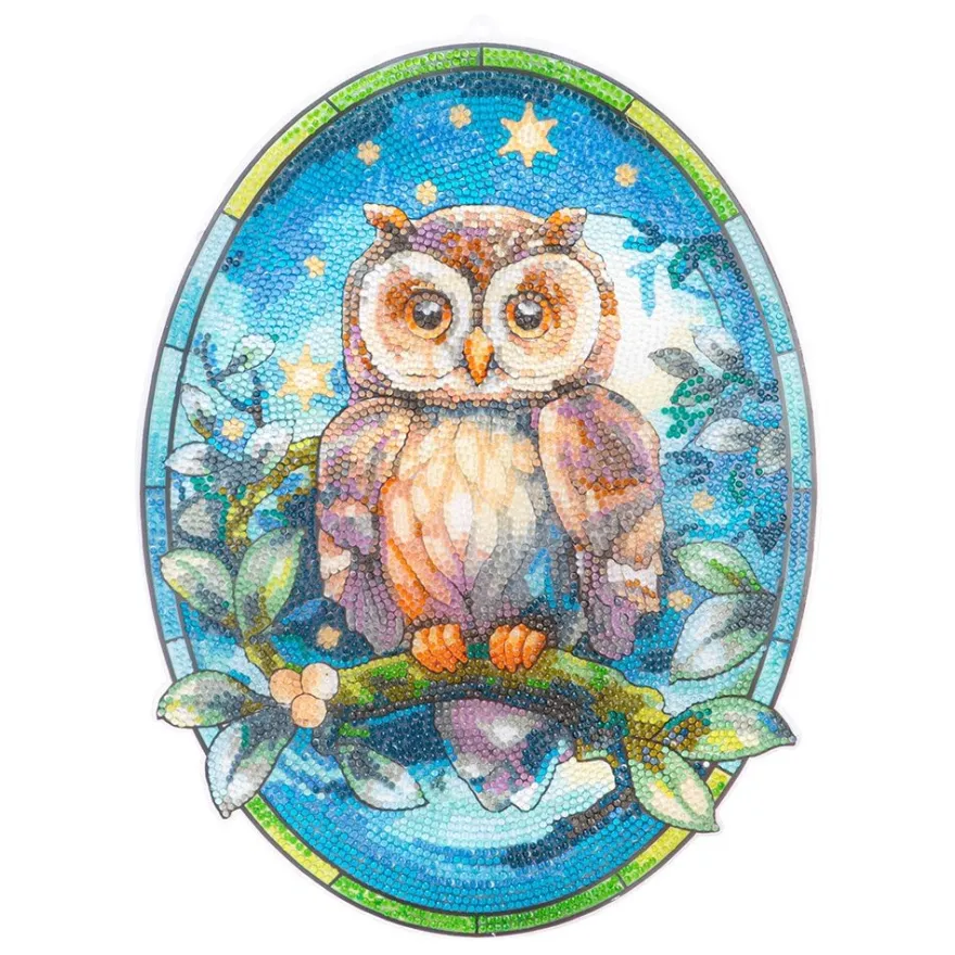 Diamond-Painting-Fensterbild, Glaskunst-Optik XL, Eule auf Ast 2 , 26,2cm x 35,3cm, 500µ