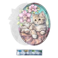 Diamond-Painting-Fensterbild, Glaskunst-Optik XL, Katze mit Orchideen, 28cm x 35,3cm, 500µ