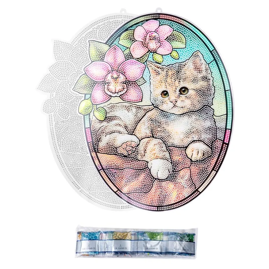 Diamond-Painting-Fensterbild, Glaskunst-Optik XL, Katze mit Orchideen, 28cm x 35,3cm, 500µ