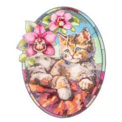 Diamond-Painting-Fensterbild, Glaskunst-Optik XL, Katze mit Orchideen, 28cm x 35,3cm, 500µ
