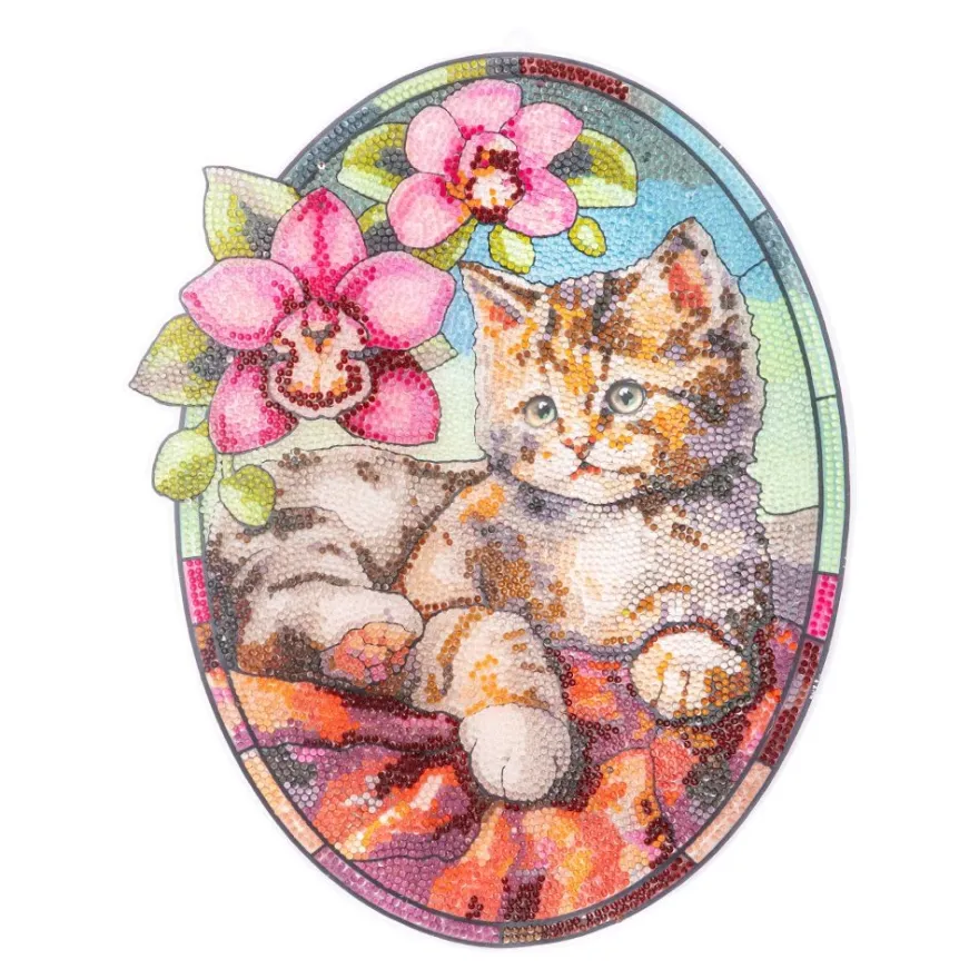 Diamond-Painting-Fensterbild, Glaskunst-Optik XL, Katze mit Orchideen, 28cm x 35,3cm, 500µ