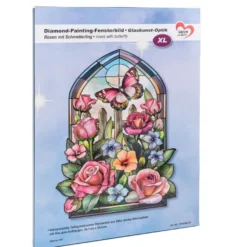Diamond-Painting-Fensterbild, Glaskunst-Optik XL, Rosen mit Schmetterling, 24,1cm x 35,6cm, 500µ