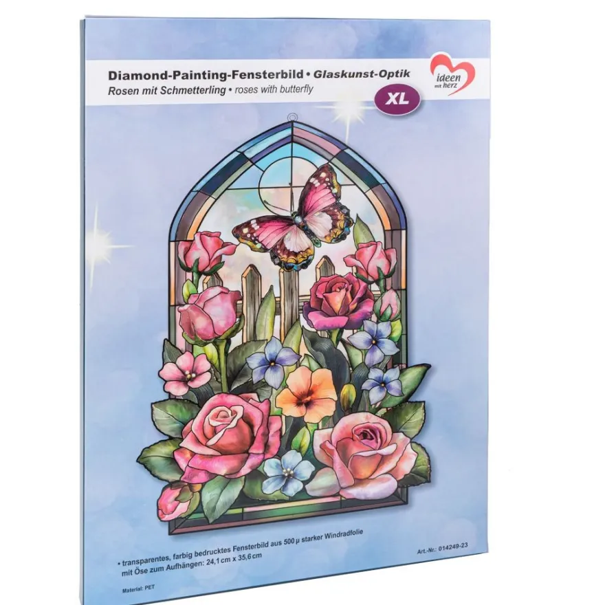 Diamond-Painting-Fensterbild, Glaskunst-Optik XL, Rosen mit Schmetterling, 24,1cm x 35,6cm, 500µ