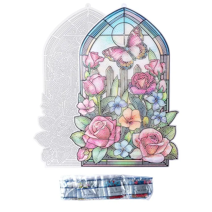 Diamond-Painting-Fensterbild, Glaskunst-Optik XL, Rosen mit Schmetterling, 24,1cm x 35,6cm, 500µ