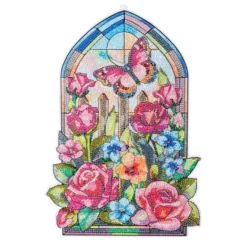 Diamond-Painting-Fensterbild, Glaskunst-Optik XL, Rosen mit Schmetterling, 24,1cm x 35,6cm, 500µ