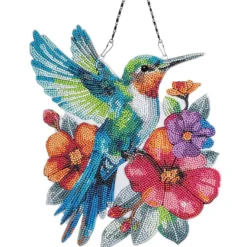 Diamond-Painting-Fensterbild, Acryl, XL, Kolibri mit Blumen, 28,3cm x 33,1cm, 1,7mm stark, mit Kette