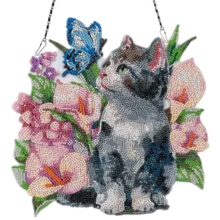 Diamond-Painting-Fensterbild, Acryl, XL, Katze mit Blumen, 30,7cm x 30,9cm, 1,7mm stark, mit Kette