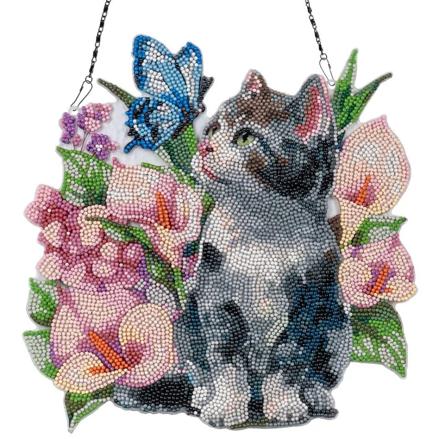 Diamond-Painting-Fensterbild, Acryl, XL, Katze mit Blumen, 30,7cm x 30,9cm, 1,7mm stark, mit Kette