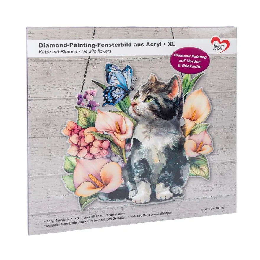 Diamond-Painting-Fensterbild, Acryl, XL, Katze mit Blumen, 30,7cm x 30,9cm, 1,7mm stark, mit Kette