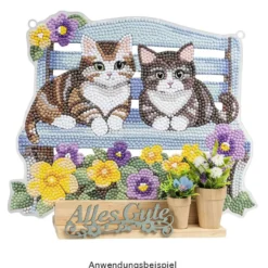 Diamond-Painting-Fensterbild aus Acryl, Katzen auf Bank, 25cm x 20,4cm, 1,7mm stark, inkl. Kette