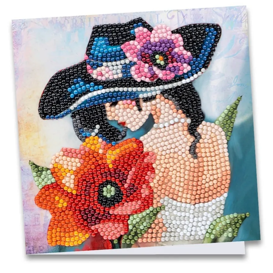 Diamond-Painting-Grußkarte, Damenmotiv mit roter Blume, 16cm x 16cm, inkl. Zubehör
