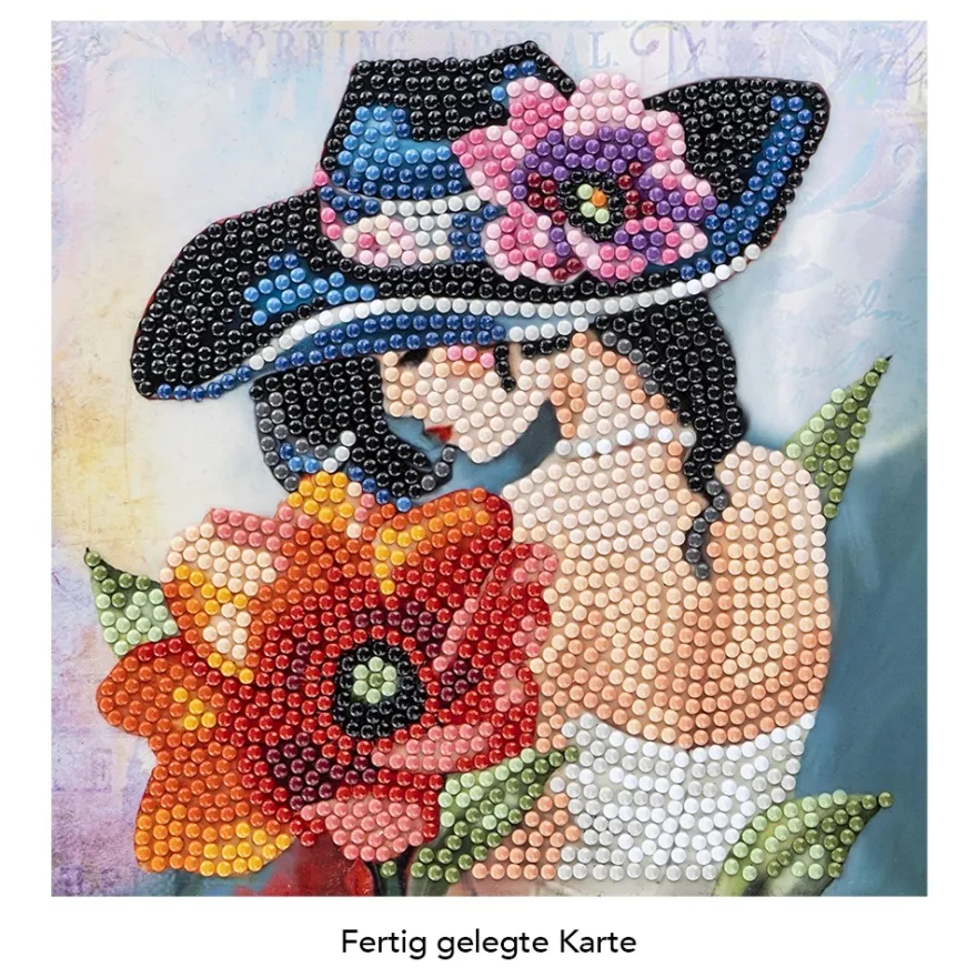 Diamond-Painting-Grußkarte, Damenmotiv mit roter Blume, 16cm x 16cm, inkl. Zubehör