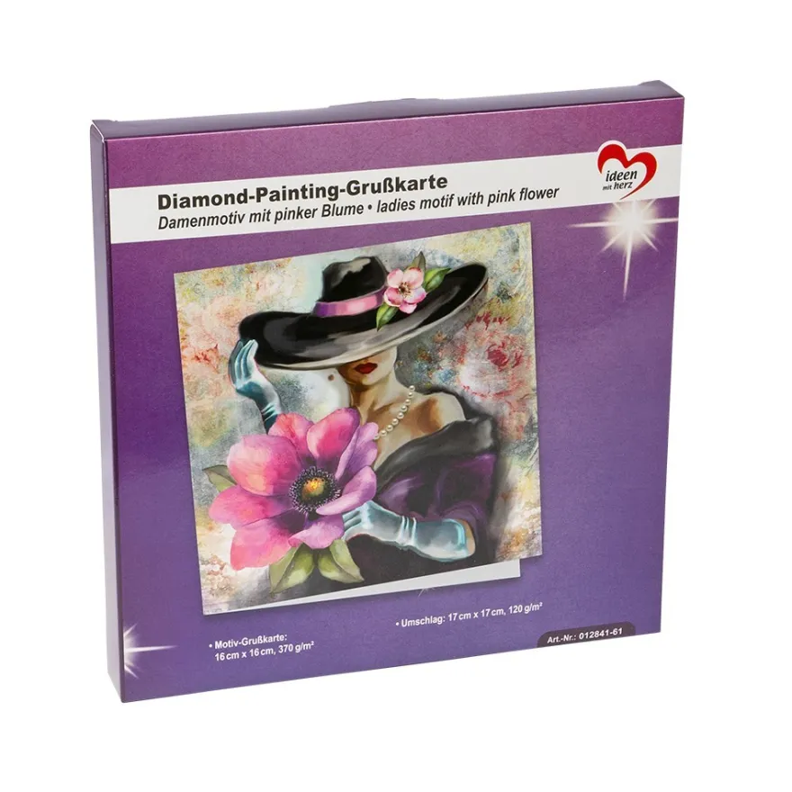 Diamond-Painting-Grußkarte, Damenmotiv mit pinker Blume, 16cm x 16cm, inkl. Zubehör