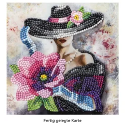 Diamond-Painting-Grußkarte, Damenmotiv mit pinker Blume, 16cm x 16cm, inkl. Zubehör