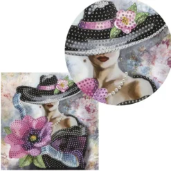 Diamond-Painting-Grußkarte, Damenmotiv mit pinker Blume, 16cm x 16cm, inkl. Zubehör