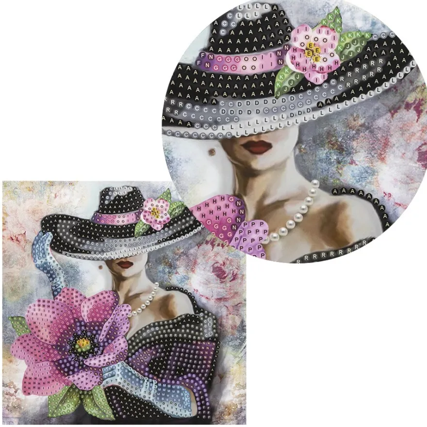 Diamond-Painting-Grußkarte, Damenmotiv mit pinker Blume, 16cm x 16cm, inkl. Zubehör