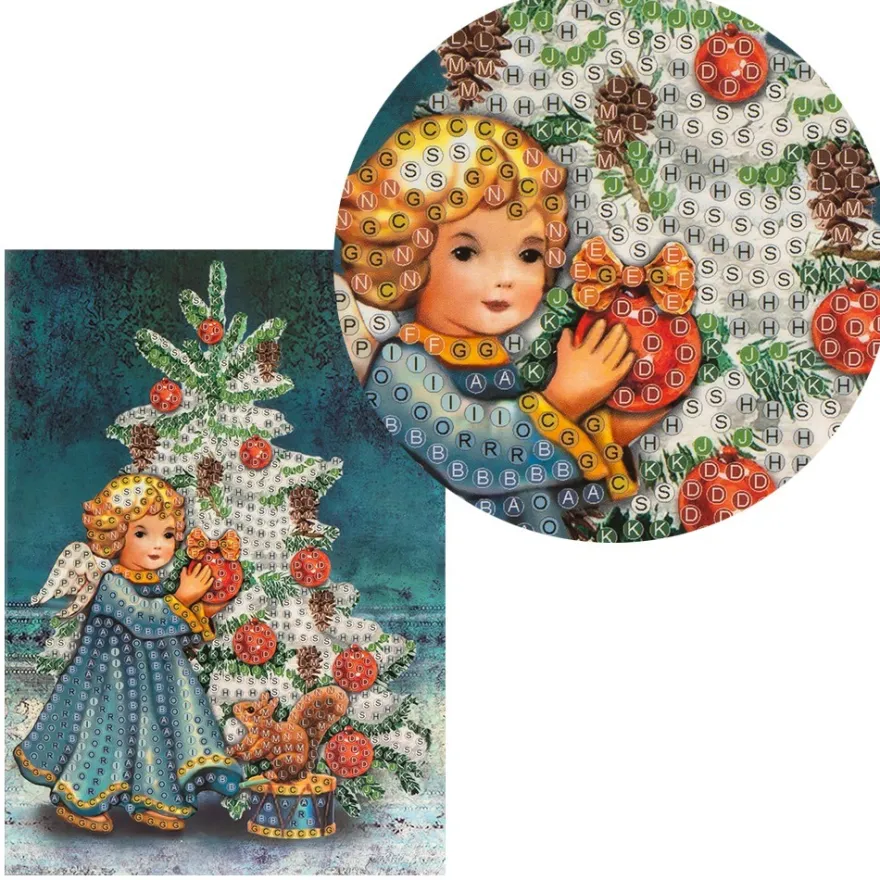 Diamond-Painting-Grußkarte, Engel mit Weihnachtsbaum, 11,5cm x 16,5cm, inkl. Zubehör