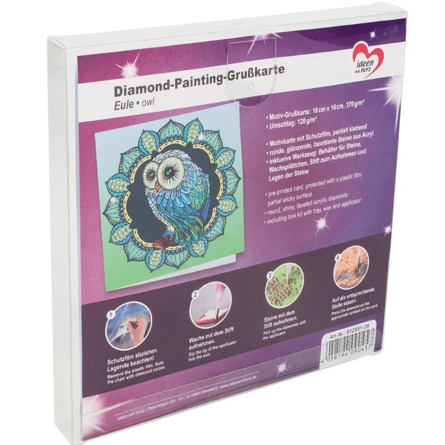 Diamond-Painting-Grußkarte, Eule, 16cm x 16cm, inkl. Zubehör