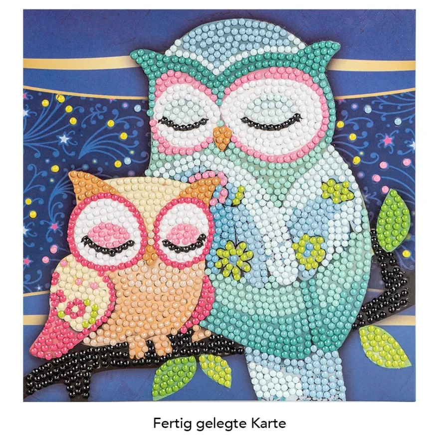 Diamond-Painting-Grußkarte, Eule mit Kind, 16cm x 16cm, inkl. Zubehör