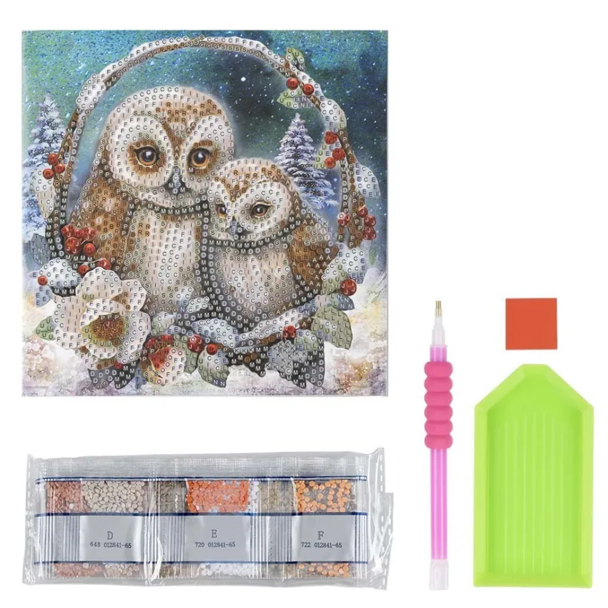 Diamond-Painting-Grußkarte, Eulen im Winter 2, 16cm x 16cm, inkl. Zubehör