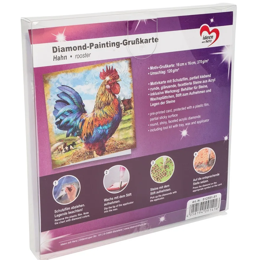 Diamond-Painting-Grußkarte, Hahn, 16cm x 16cm, inkl. Zubehör
