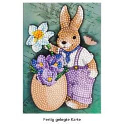 Diamond-Painting-Grußkarte, Hase mit Blumen 2, 11,5cm x 16,5cm, inkl. Zubehör