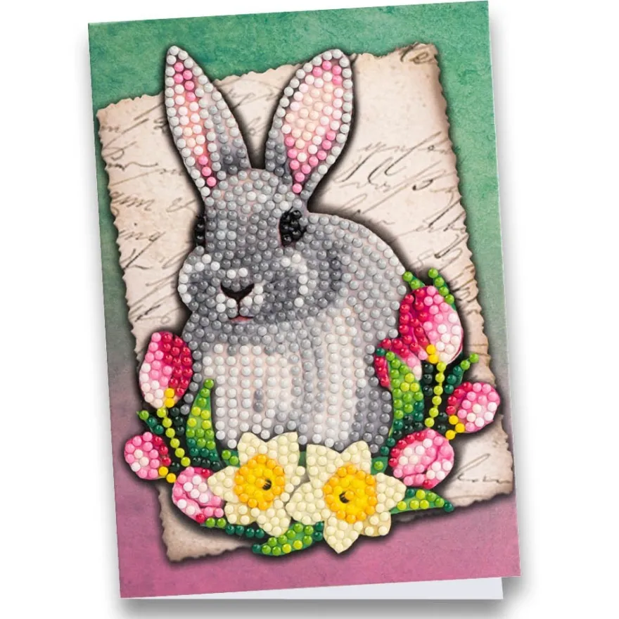 Diamond-Painting-Grußkarte, Hase mit Tulpen & Narzissen, 11,5cm x 16,5cm, inkl. Zubehör